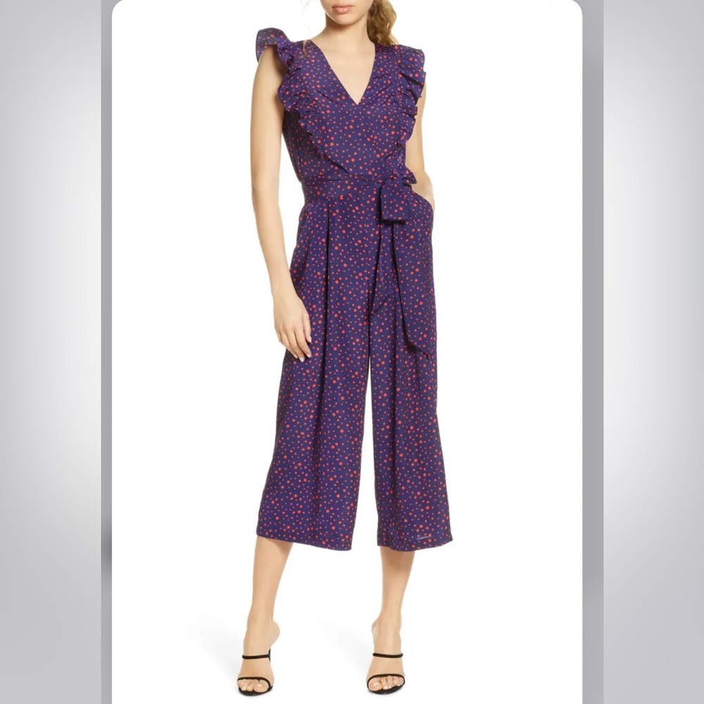 Chelsea28 Ruffle Cropped Polka Dot Belted Jumpsuit Size 4